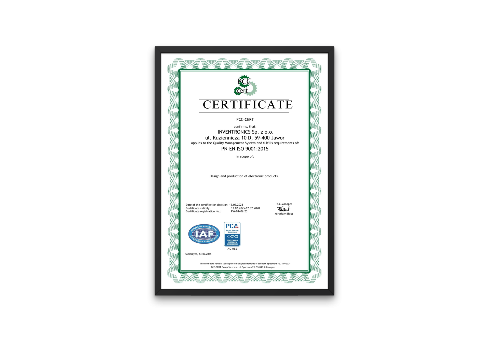 Certyfikat ISO 9001 - INVENTRONICS